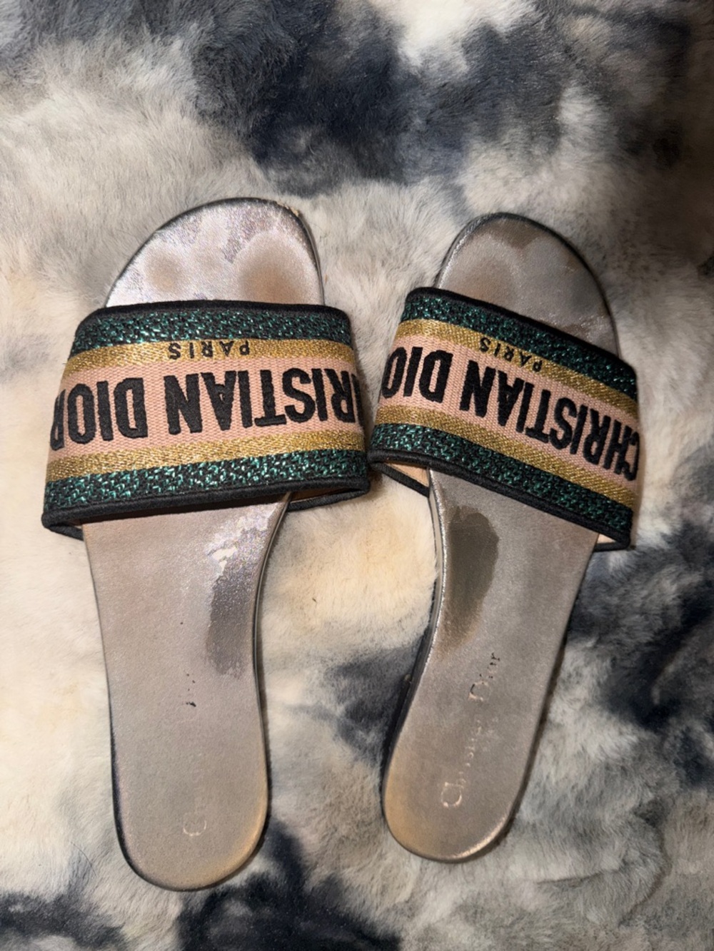 Dior Green, Gold & Champagne Glitter Logo Slide Sandals
